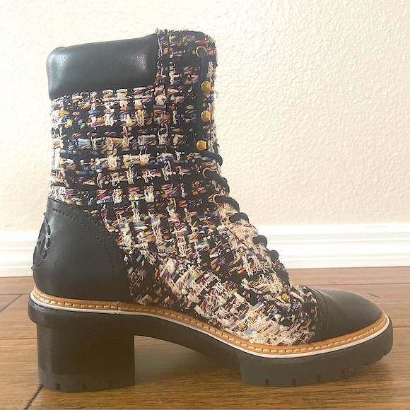 Tory Burch Tweed leather combat boots moto boots fall boots lace up booties - Picture 13 of 16